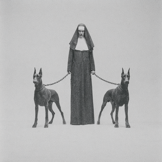 Stern Nun with Aggressive Dobermans in Infinite Void