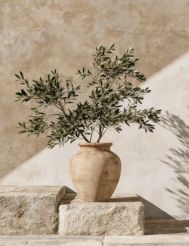 Still Life with Olive Branch in Terracotta Urn