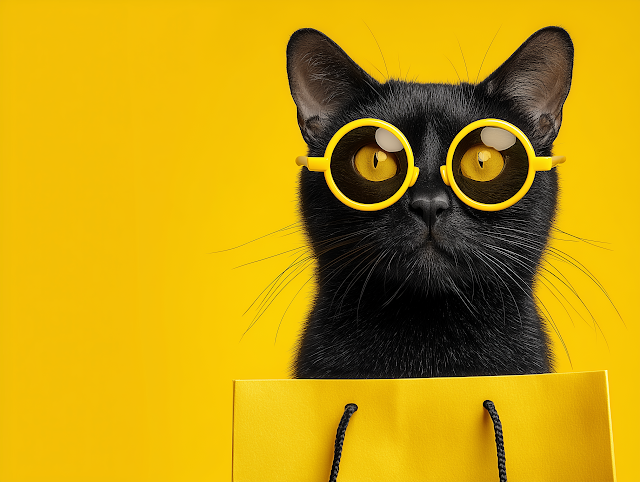 Stylish Black Cat with Yellow Sunglasses and Shopping Bag