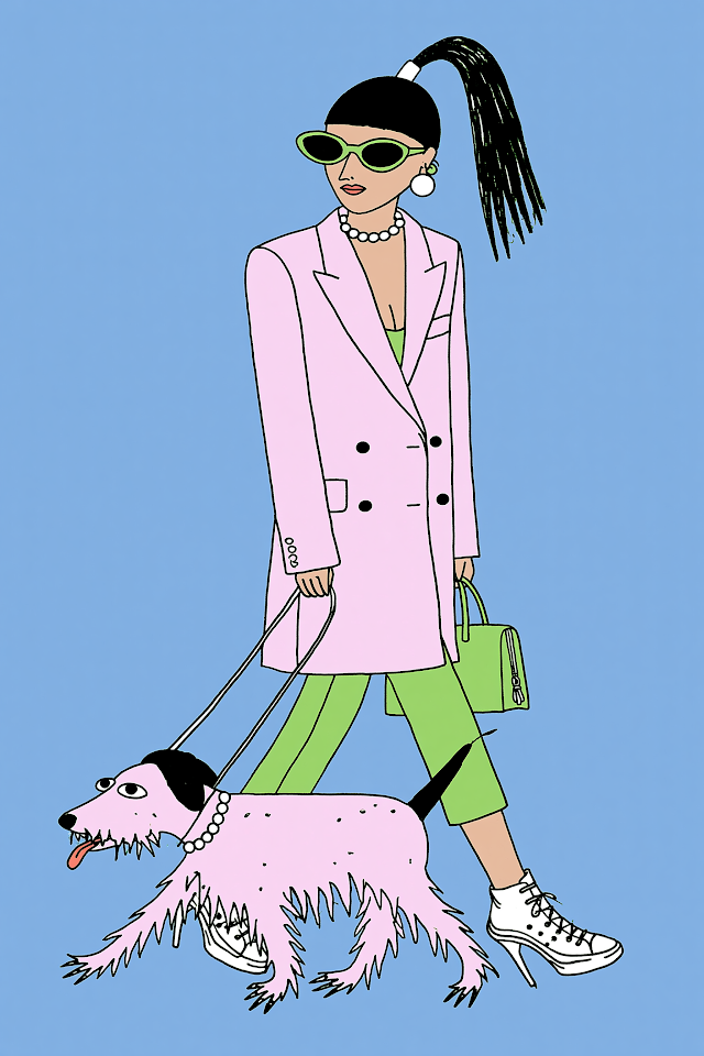 Stylish Girl Walking a Dog