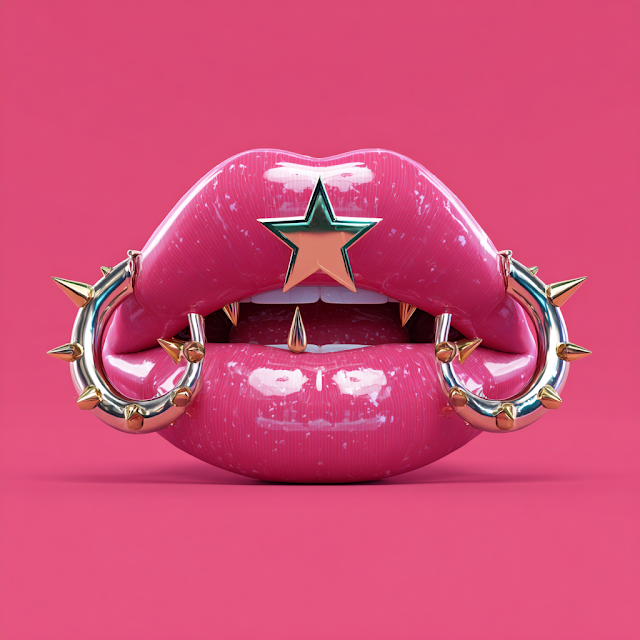 Stylish Lips with Piercings on Vibrant Pink Background