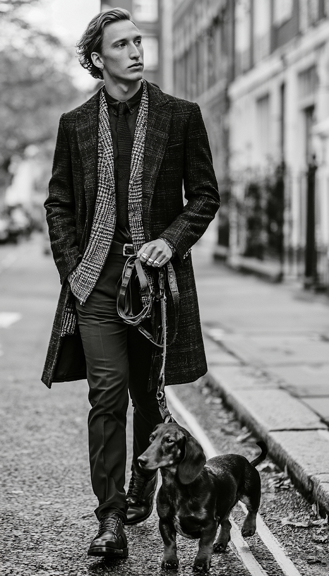 Stylish Male Model with Sausage Dog in Urban Setting