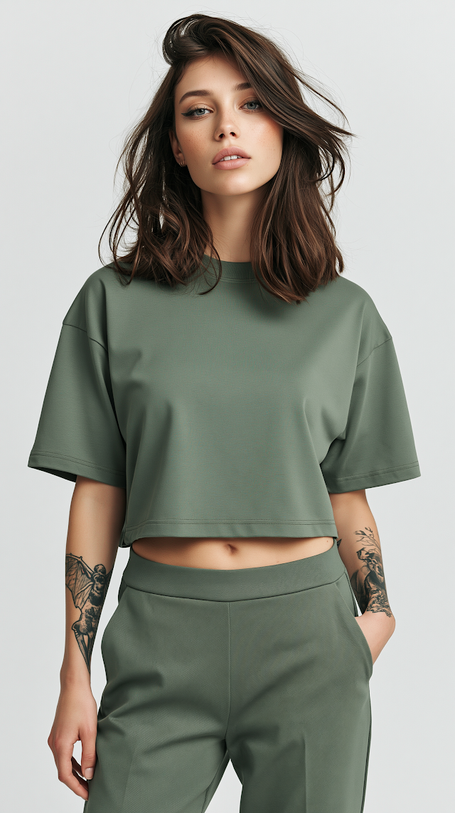 Stylish Punk Female Model in Oversized Olive T-Shirt