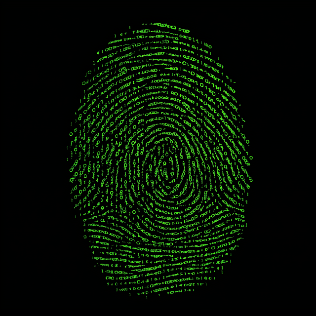 Stylized Green Fingerprint Icon with Matrix Code
