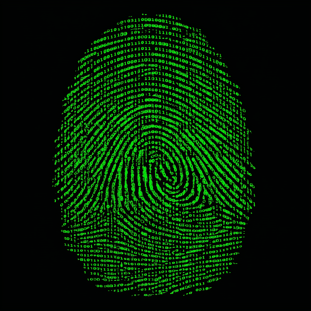 Stylized Green Fingerprint Icon with Matrix Code