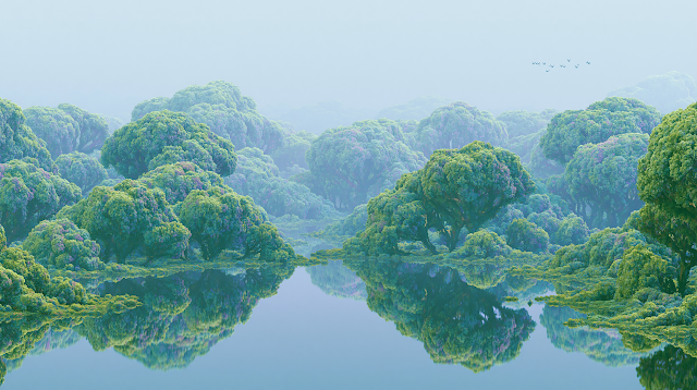 Surreal Aerial Wetland Landscape with Reflective Water