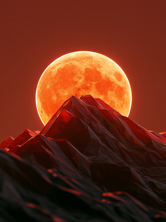 Surreal Mountain Range Under Glowing Orange Moon