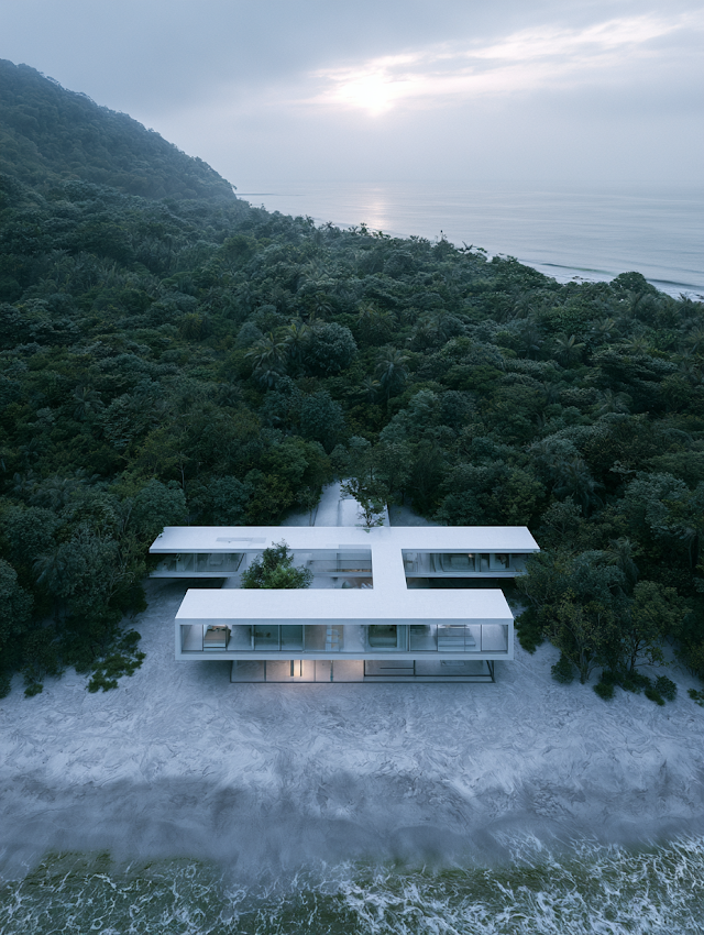 Symmetrical Minimalist Villa Overlooking Tropical Coast