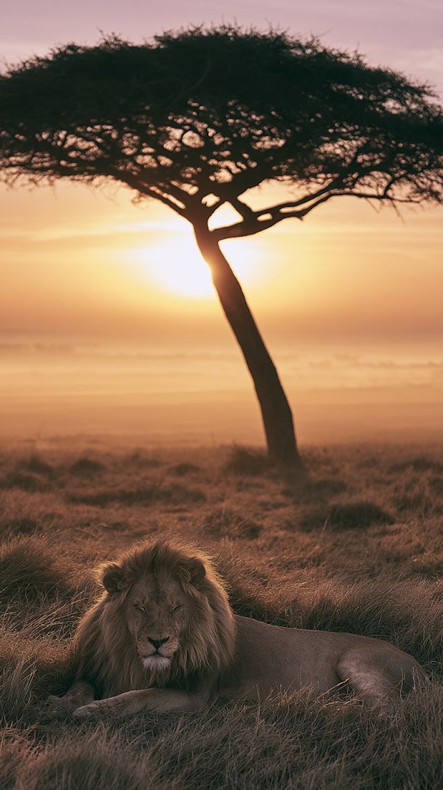 Tranquil African Safari Sunrise with Silhouetted Acacia Tree and Resting Lion