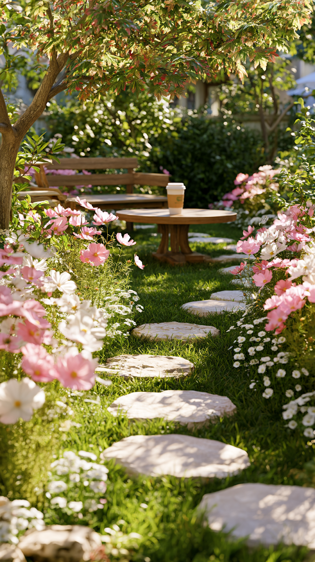 Tranquil Garden Path with Coffee Table