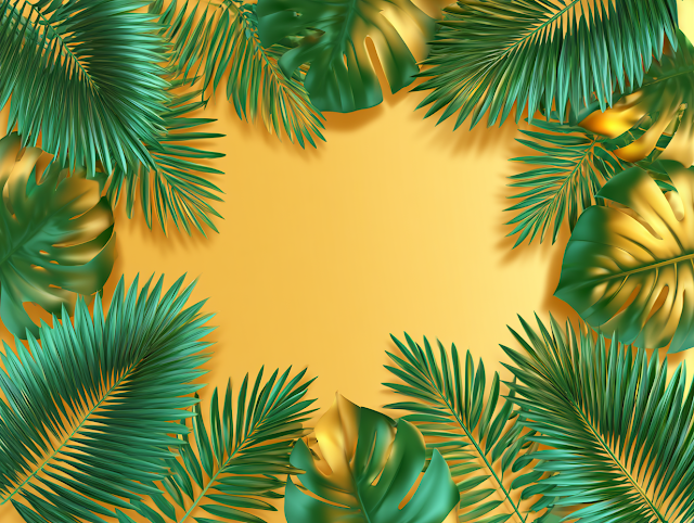 Tropical Botanical Flat Lay Frame with Lush Green Leaves