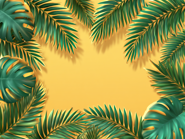 Tropical Botanical Flat Lay with Palm and Monstera Leaves