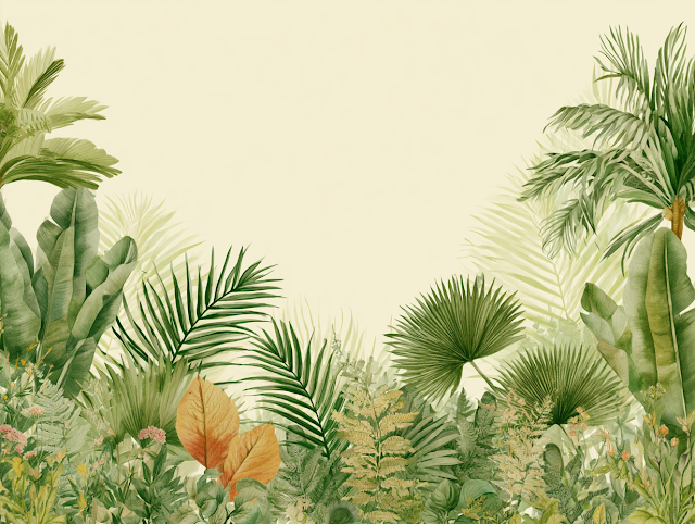Tropical Botanical Illustration with Lush Foliage Border