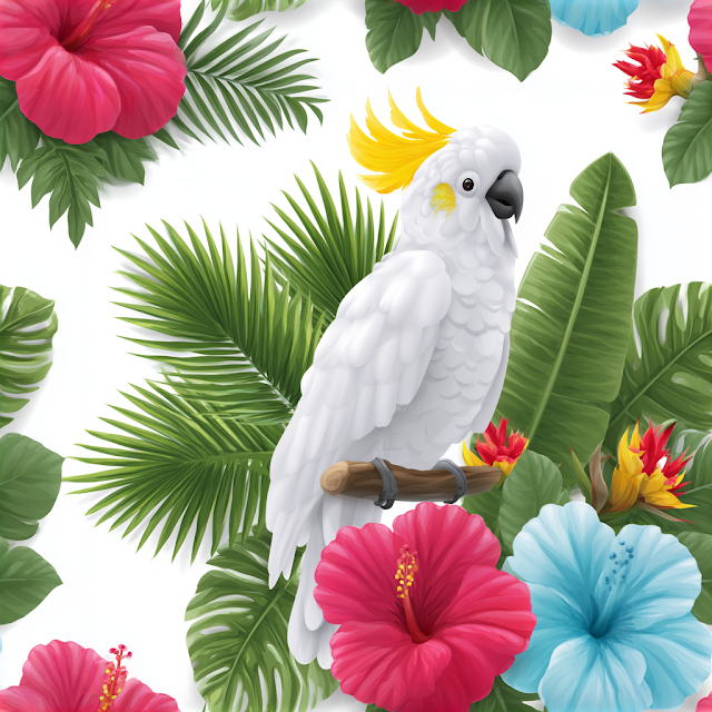 Tropical Botanical Illustration with White Cockatoo and Hibiscus