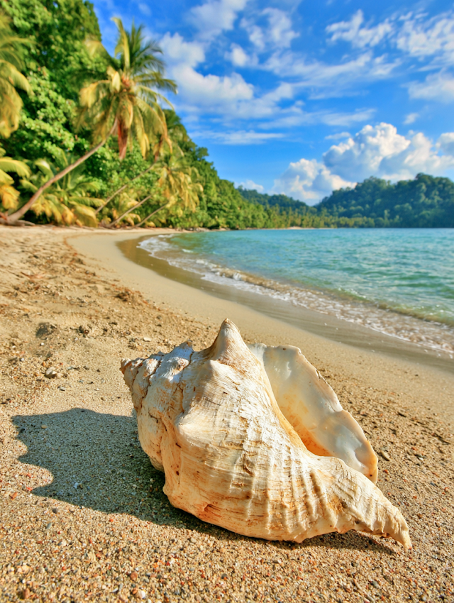 Tropical Paradise with Weathered Conch Shell on Sandy Beach