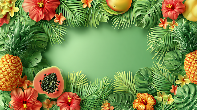 Tropical Summer Flat Lay with Tropical Foliage and Fruits