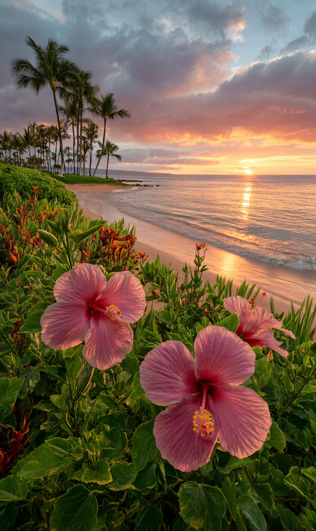 Tropical Sunset with Hibiscus Flowers