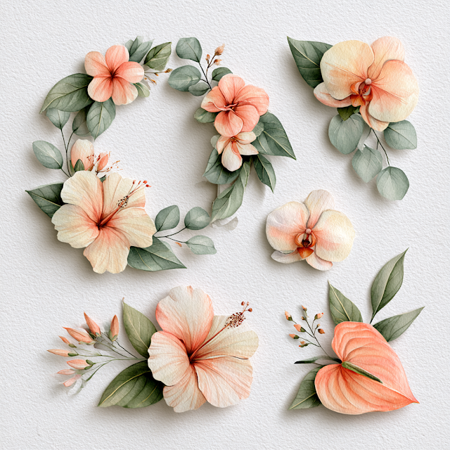 Tropical Watercolor Floral Wreath and Frame Set