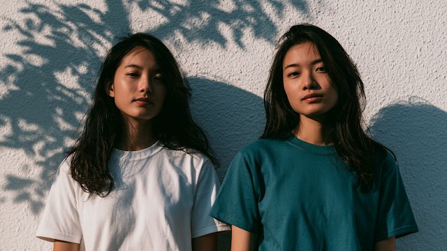 Two Asian Women in Colorful T-Shirts Against Textured Wall