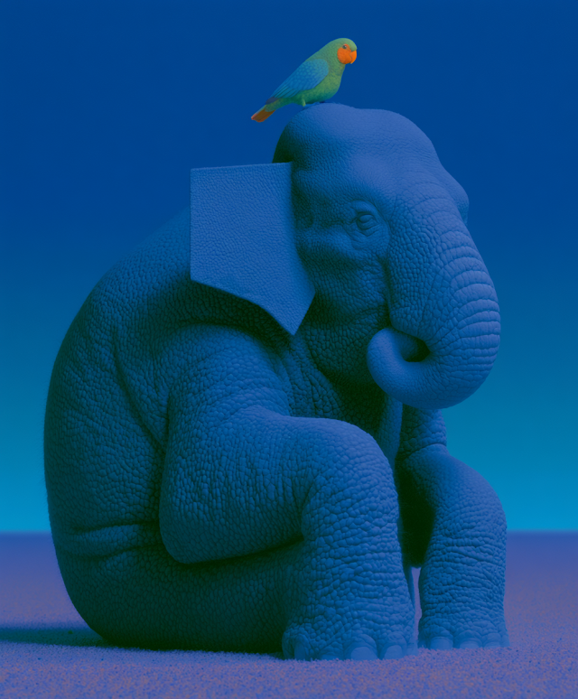Vibrant Blue Elephant with a Colorful Bird
