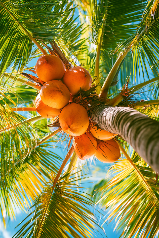 Vibrant Close-Up of Coconuts on a Palm Tree