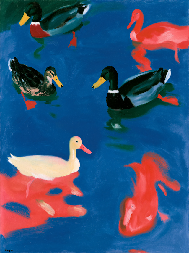Vibrant Ducks on Colorful Water