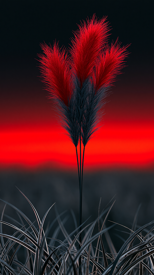 Vibrant Feathery Ornamental Grass Against a Dramatic Sunset