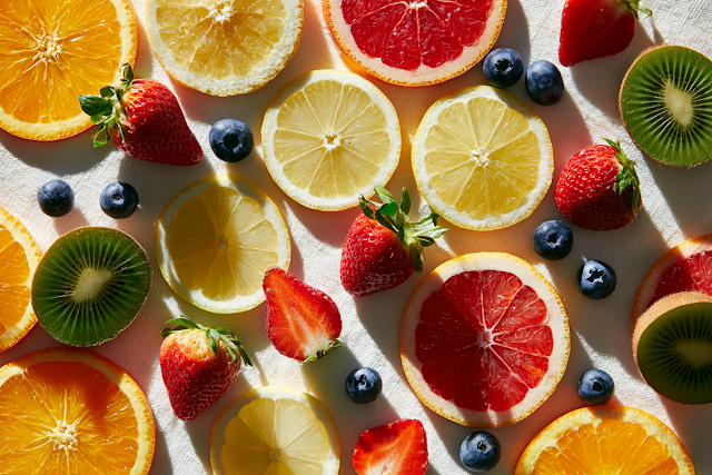 Vibrant Flatlay of Fresh Citrus and Berries