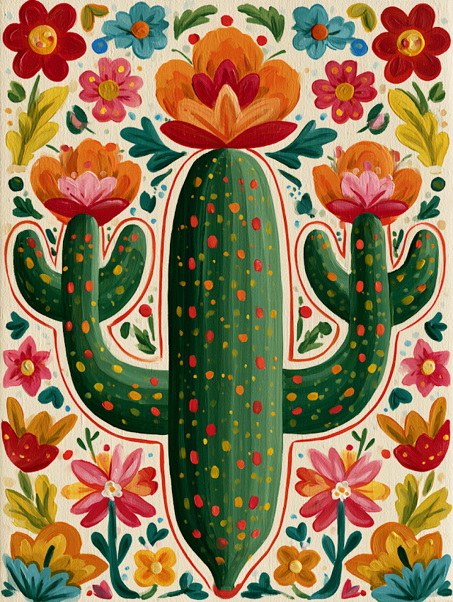 Vibrant Folk Art Cactus with Floral Background