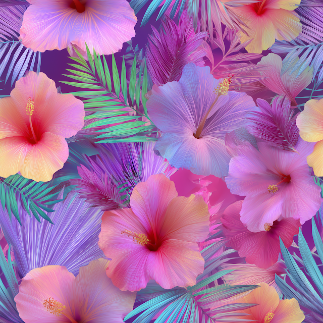Vibrant Hibiscus and Palm Leaves Seamless Pattern