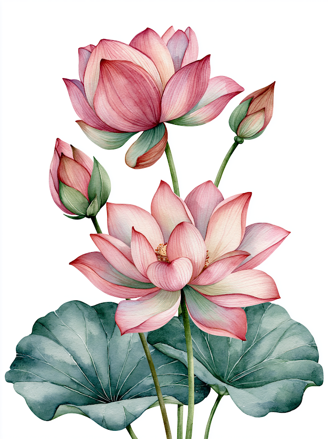 Vibrant Lotus Branch Watercolor Painting