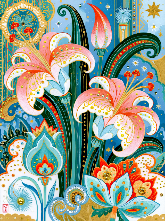 Vibrant Pink Lilies: Bold Mixed Media Art