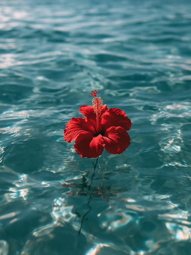 Vibrant Red Hibiscus Flower in Clear Blue Water