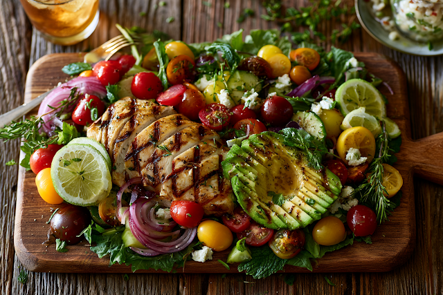 Vibrant Summer Salad Flat Lay with Grilled Chicken