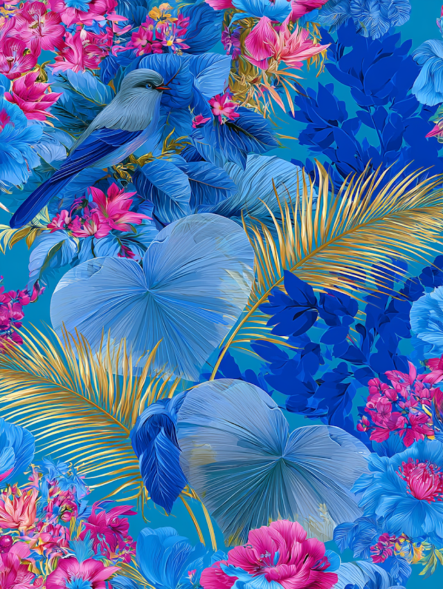 Vibrant Tropical Botanical Jungle with Stylized Bird