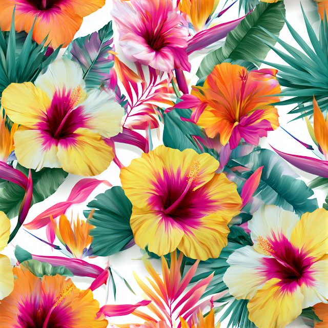 Vibrant Tropical Botanical Pattern with Hibiscus and Palm Leaves