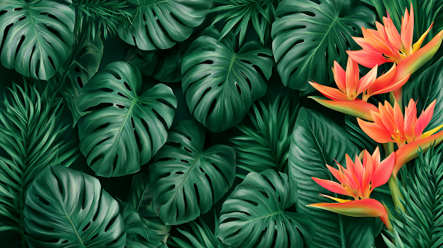 Vibrant Tropical Foliage with Monstera Leaves and Bird-of-Paradise Flowers