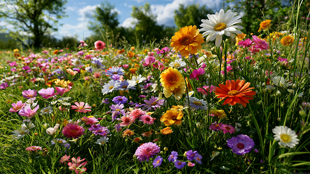 Vibrant Wildflower Meadow Under Bright Sunshine