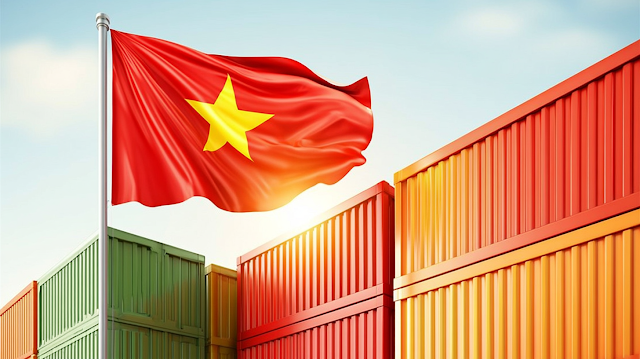Vietnamese Flag Waving Above Colorful Shipping Containers