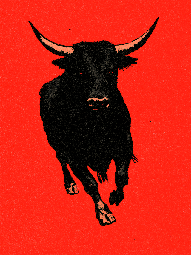 Vintage Bull Illustration on Red Background