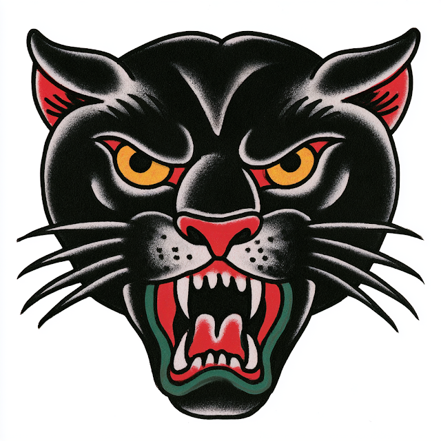 Vintage Panther Head Tattoo Flash Art