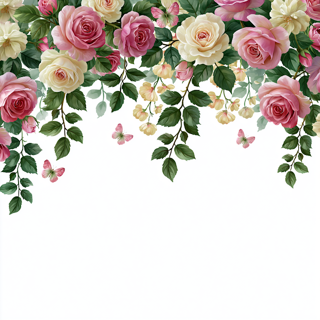 Watercolor Floral Border with Butterflies