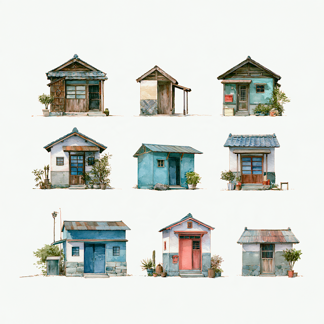 Watercolor Wabi-Sabi Japanese Buildings