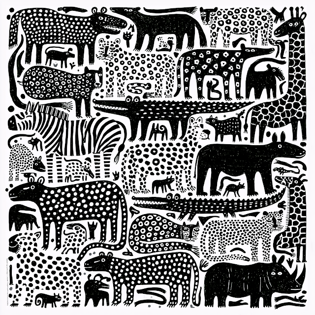 Whimsical Black and White African Animal Drawing