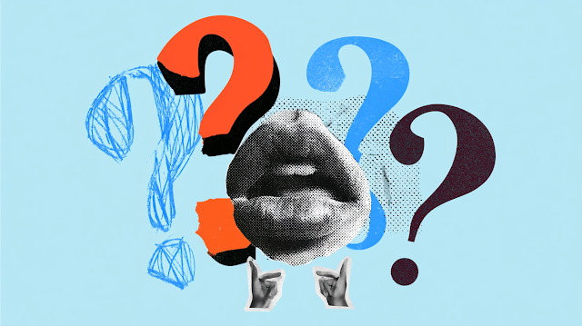 Whimsical Communication: Surreal Collage of Question Marks and Lips