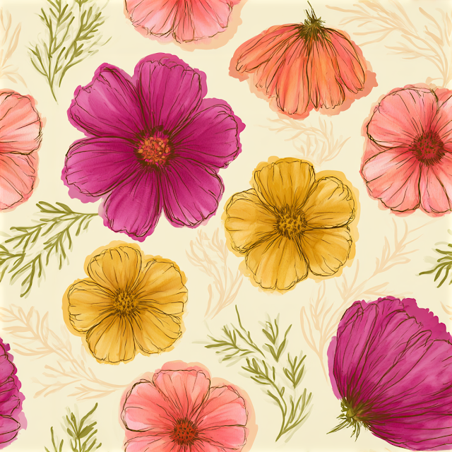 Whimsical Floral Pattern on Cream Background
