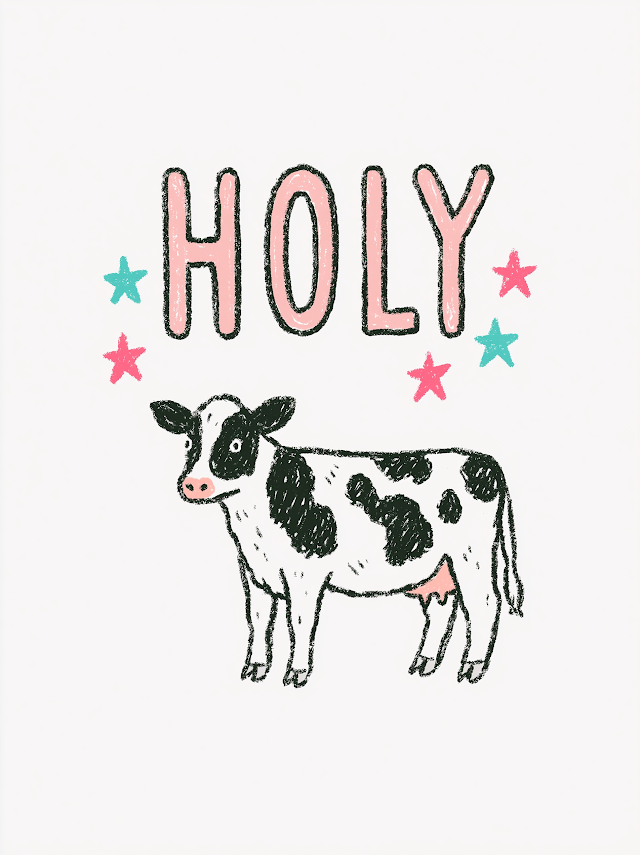 Whimsical Holstein Cow Illustration with 'HOLY' Text