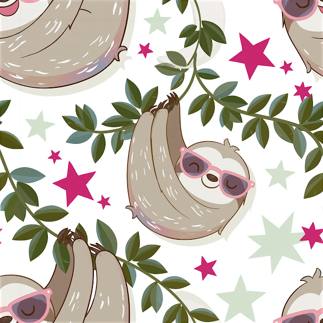 Whimsical Sloth Pattern with Sunglasses and Stars