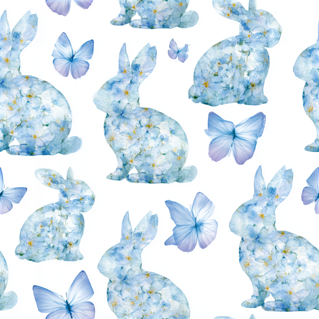Whimsical Spring Pattern with Floral Rabbits and Butterflies