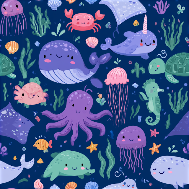 Whimsical Underwater Ocean Pattern with Cute Sea Creatures